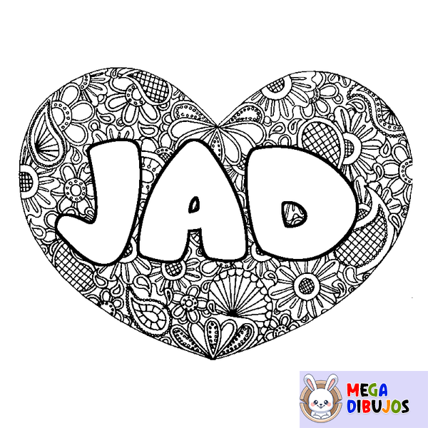 Coloraci&oacute;n del nombre JAD - decorado mandala de coraz&oacute;n