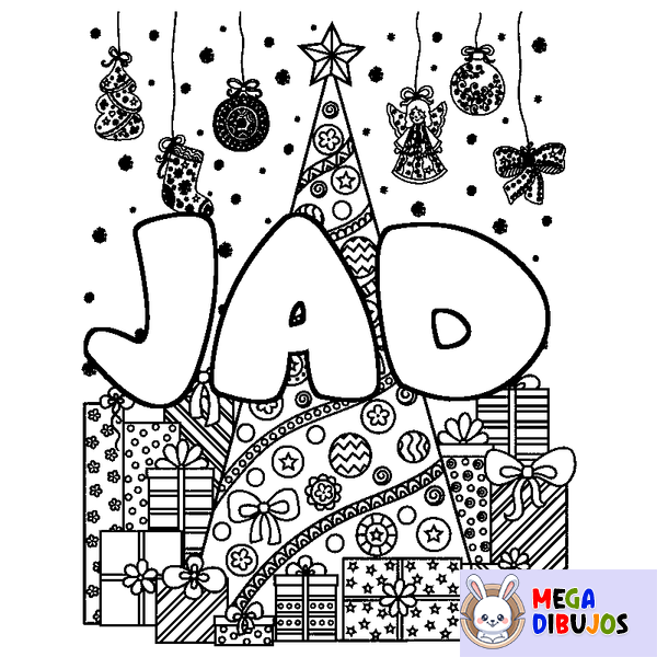 Coloraci&oacute;n del nombre JAD - decorado &aacute;rbol de Navidad y regalos