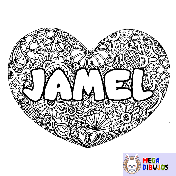 Coloraci&oacute;n del nombre JAMEL - decorado mandala de coraz&oacute;n