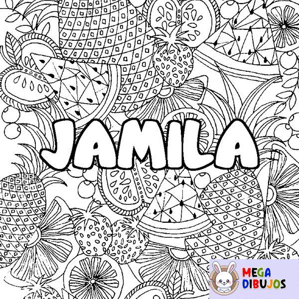 Coloraci&oacute;n del nombre JAMILA - decorado mandala de frutas
