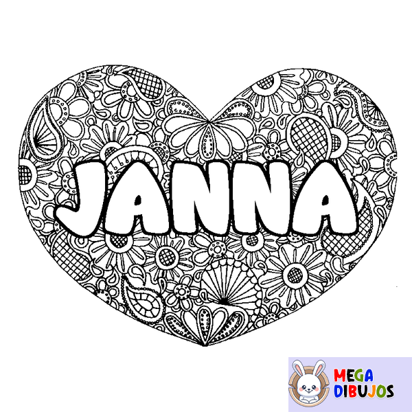 Coloraci&oacute;n del nombre JANNA - decorado mandala de coraz&oacute;n