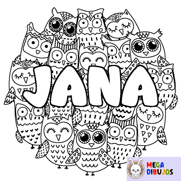 Coloraci&oacute;n del nombre JANA - decorado b&uacute;hos