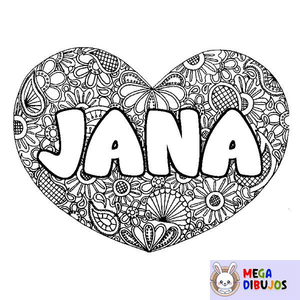 Coloraci&oacute;n del nombre JANA - decorado mandala de coraz&oacute;n