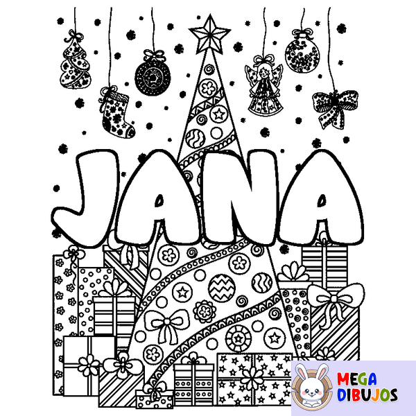 Coloraci&oacute;n del nombre JANA - decorado &aacute;rbol de Navidad y regalos
