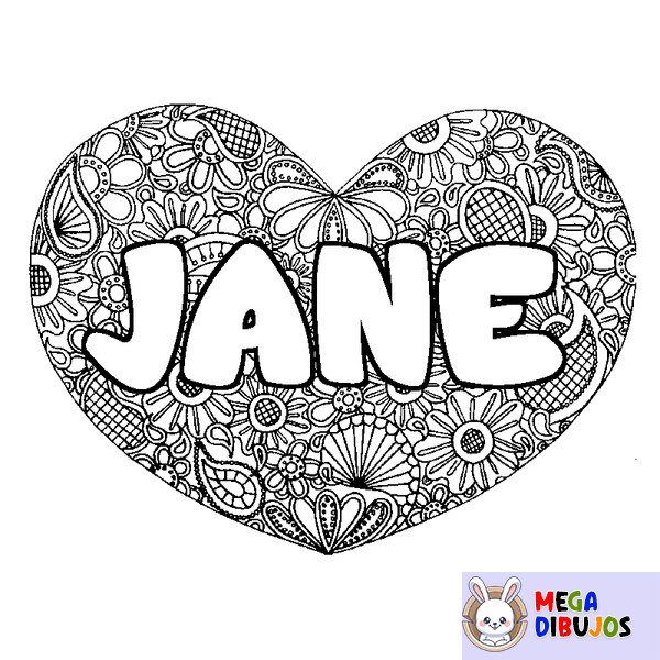 Coloraci&oacute;n del nombre JANE - decorado mandala de coraz&oacute;n