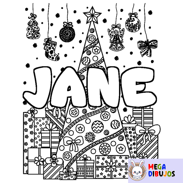 Coloraci&oacute;n del nombre JANE - decorado &aacute;rbol de Navidad y regalos