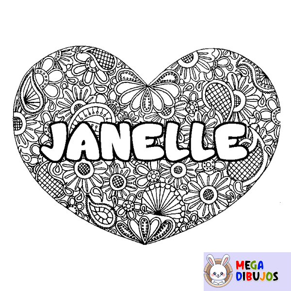 Coloraci&oacute;n del nombre JANELLE - decorado mandala de coraz&oacute;n