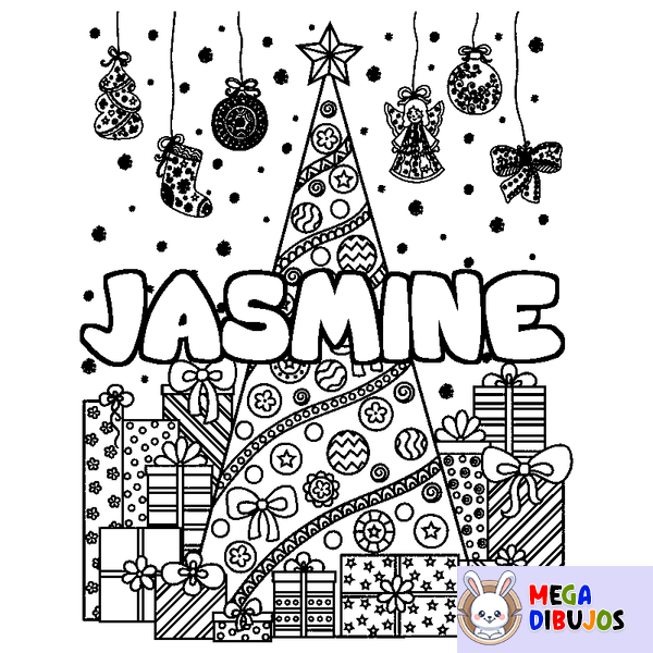 Coloraci&oacute;n del nombre JASMINE - decorado &aacute;rbol de Navidad y regalos