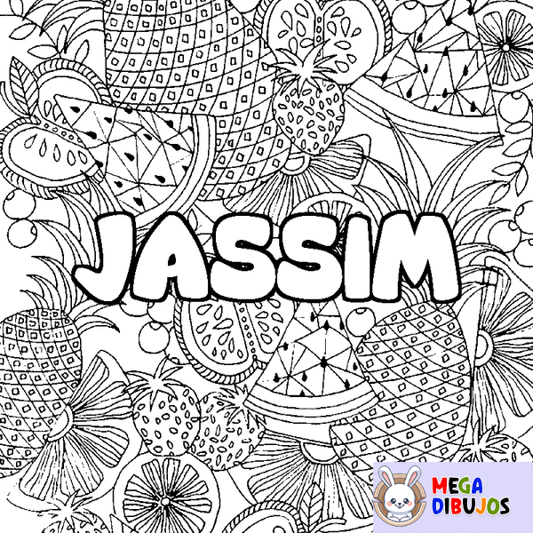 Coloraci&oacute;n del nombre JASSIM - decorado mandala de frutas