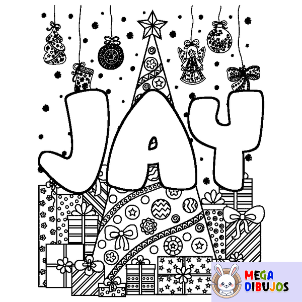 Coloraci&oacute;n del nombre JAY - decorado &aacute;rbol de Navidad y regalos