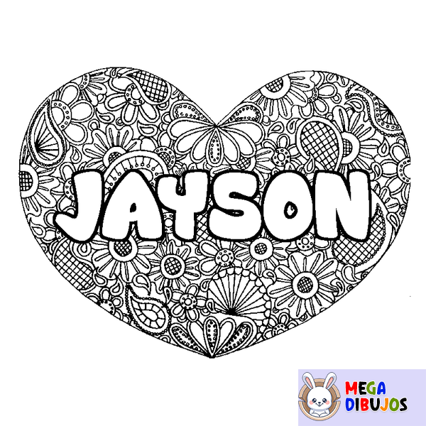 Coloraci&oacute;n del nombre JAYSON - decorado mandala de coraz&oacute;n