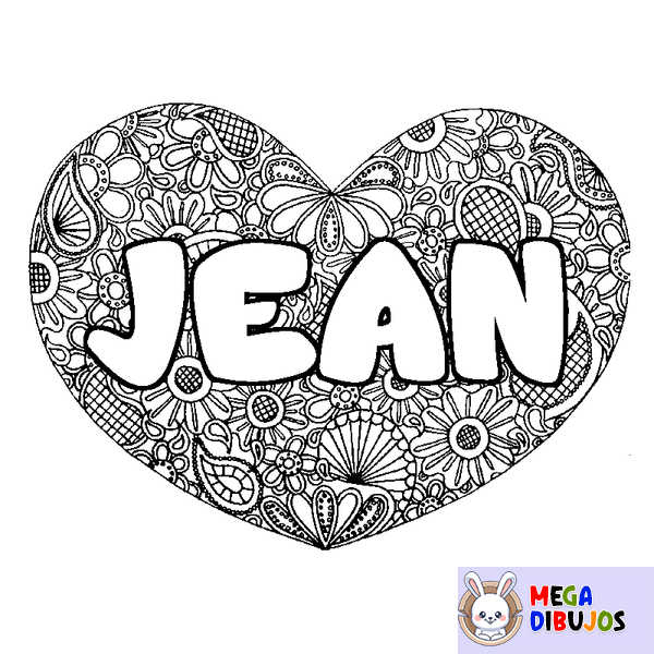 Coloraci&oacute;n del nombre JEAN - decorado mandala de coraz&oacute;n