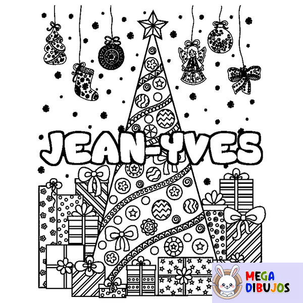 Coloraci&oacute;n del nombre JEAN-YVES - decorado &aacute;rbol de Navidad y regalos