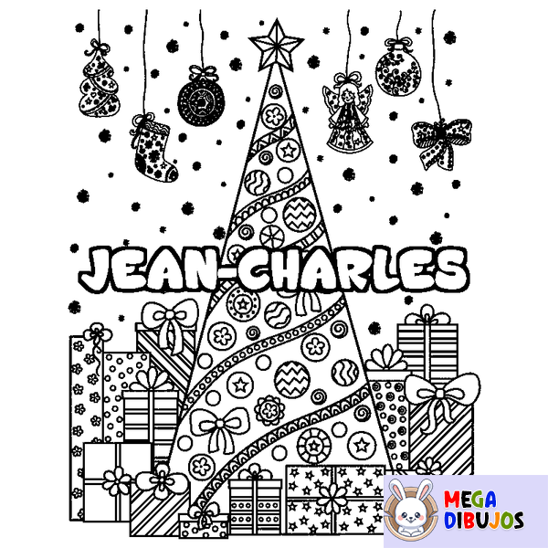 Coloraci&oacute;n del nombre JEAN-CHARLES - decorado &aacute;rbol de Navidad y regalos