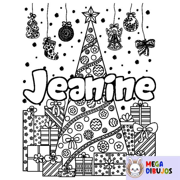 Coloraci&oacute;n del nombre Jeanine - decorado &aacute;rbol de Navidad y regalos
