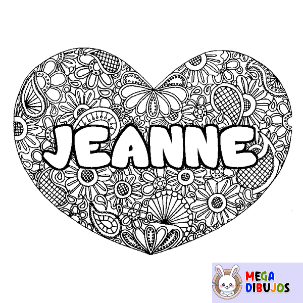 Coloraci&oacute;n del nombre JEANNE - decorado mandala de coraz&oacute;n