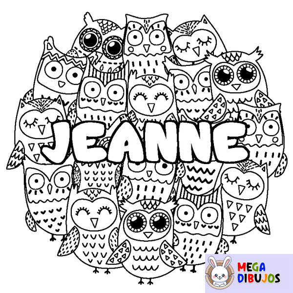 Coloraci&oacute;n del nombre JEANNE - decorado b&uacute;hos