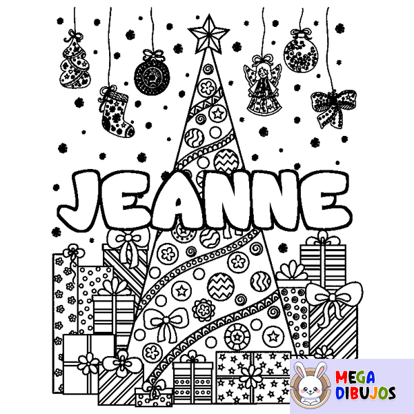 Coloraci&oacute;n del nombre JEANNE - decorado &aacute;rbol de Navidad y regalos