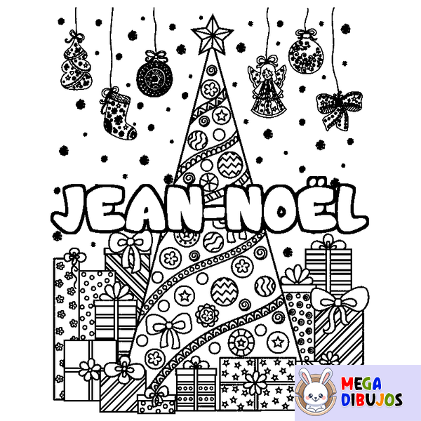 Coloraci&oacute;n del nombre JEAN-NO&Euml;L - decorado &aacute;rbol de Navidad y regalos