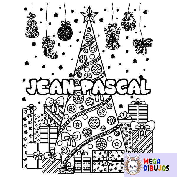 Coloraci&oacute;n del nombre JEAN-PASCAL - decorado &aacute;rbol de Navidad y regalos