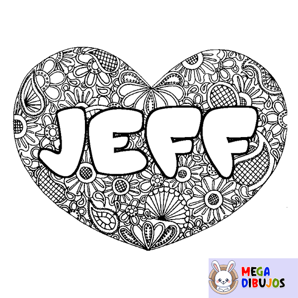 Coloraci&oacute;n del nombre JEFF - decorado mandala de coraz&oacute;n