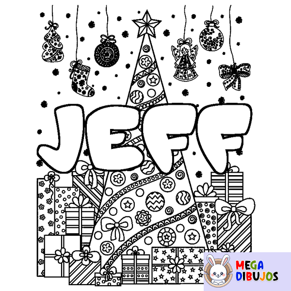 Coloraci&oacute;n del nombre JEFF - decorado &aacute;rbol de Navidad y regalos
