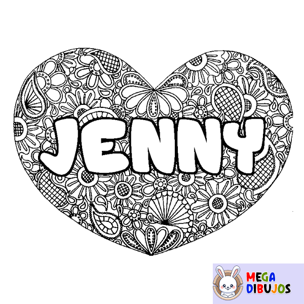 Coloraci&oacute;n del nombre JENNY - decorado mandala de coraz&oacute;n