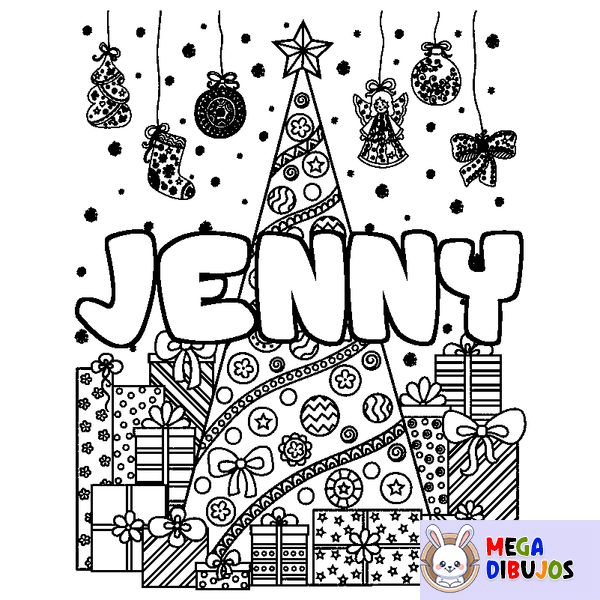 Coloraci&oacute;n del nombre JENNY - decorado &aacute;rbol de Navidad y regalos