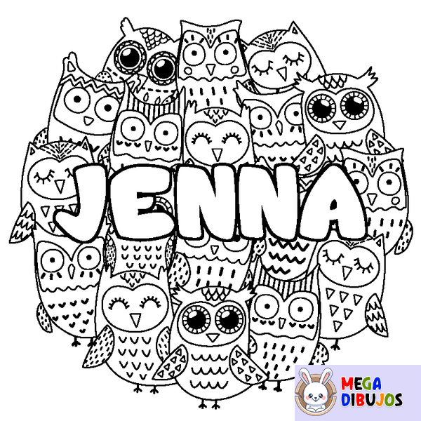 Coloraci&oacute;n del nombre JENNA - decorado b&uacute;hos