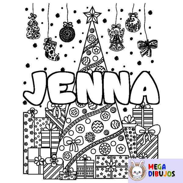 Coloraci&oacute;n del nombre JENNA - decorado &aacute;rbol de Navidad y regalos