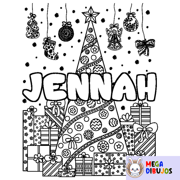 Coloraci&oacute;n del nombre JENNAH - decorado &aacute;rbol de Navidad y regalos