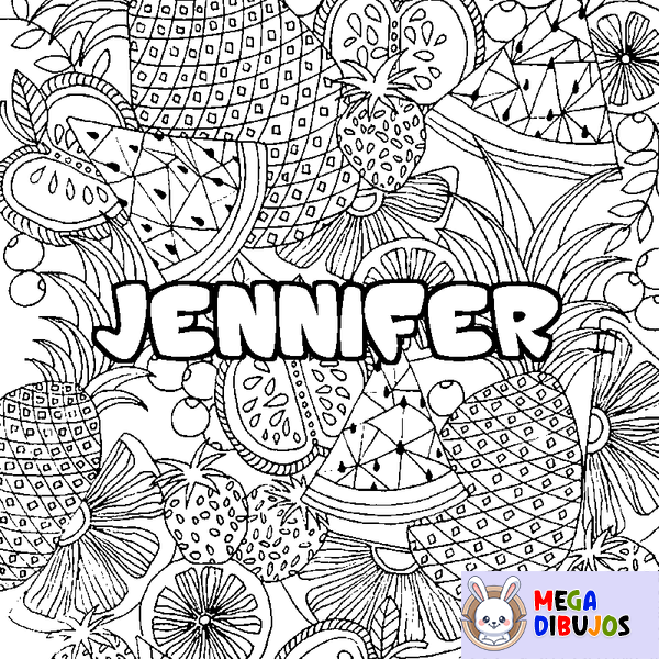 Coloraci&oacute;n del nombre JENNIFER - decorado mandala de frutas