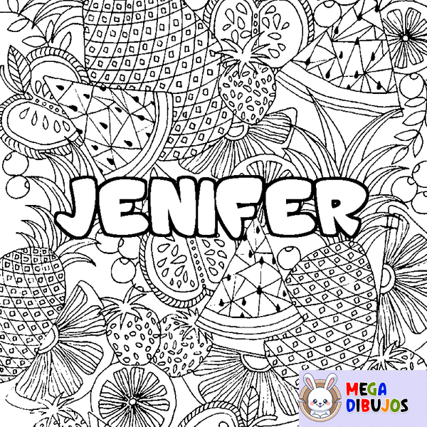 Coloraci&oacute;n del nombre JENIFER - decorado mandala de frutas