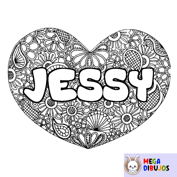 Coloraci&oacute;n del nombre JESSY - decorado mandala de coraz&oacute;n