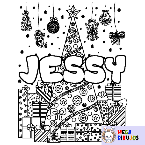 Coloraci&oacute;n del nombre JESSY - decorado &aacute;rbol de Navidad y regalos
