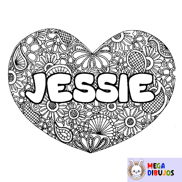 Coloraci&oacute;n del nombre JESSIE - decorado mandala de coraz&oacute;n