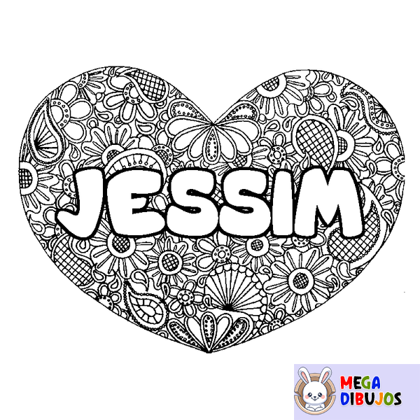 Coloraci&oacute;n del nombre JESSIM - decorado mandala de coraz&oacute;n