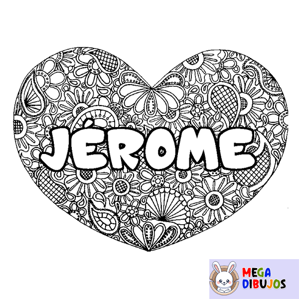 Coloraci&oacute;n del nombre J&Eacute;ROME - decorado mandala de coraz&oacute;n