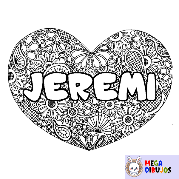 Coloraci&oacute;n del nombre JEREMI - decorado mandala de coraz&oacute;n
