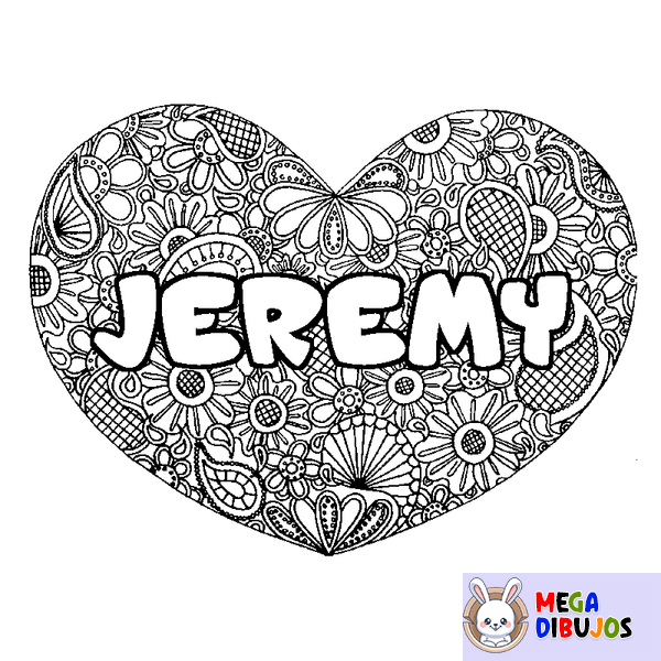 Coloraci&oacute;n del nombre JEREMY - decorado mandala de coraz&oacute;n