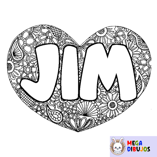 Coloraci&oacute;n del nombre JIM - decorado mandala de coraz&oacute;n
