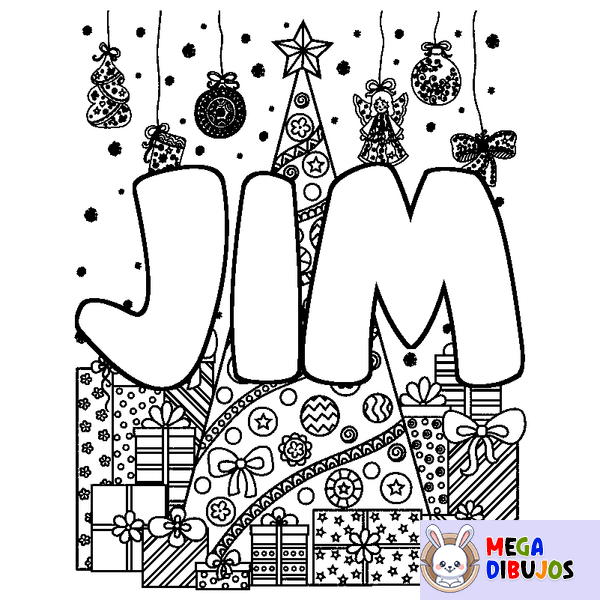 Coloraci&oacute;n del nombre JIM - decorado &aacute;rbol de Navidad y regalos