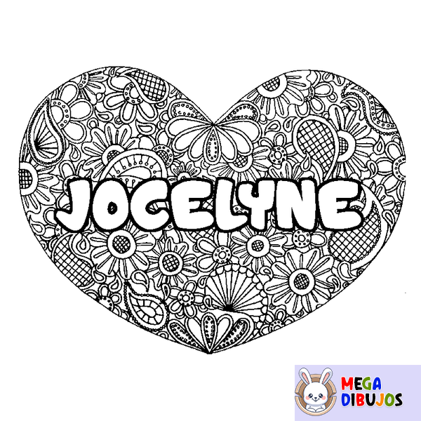 Coloraci&oacute;n del nombre JOCELYNE - decorado mandala de coraz&oacute;n