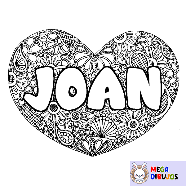 Coloraci&oacute;n del nombre JOAN - decorado mandala de coraz&oacute;n