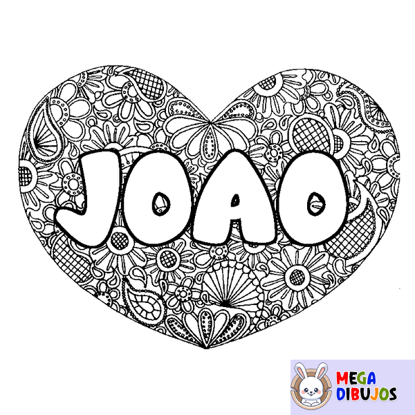 Coloraci&oacute;n del nombre JOAO - decorado mandala de coraz&oacute;n