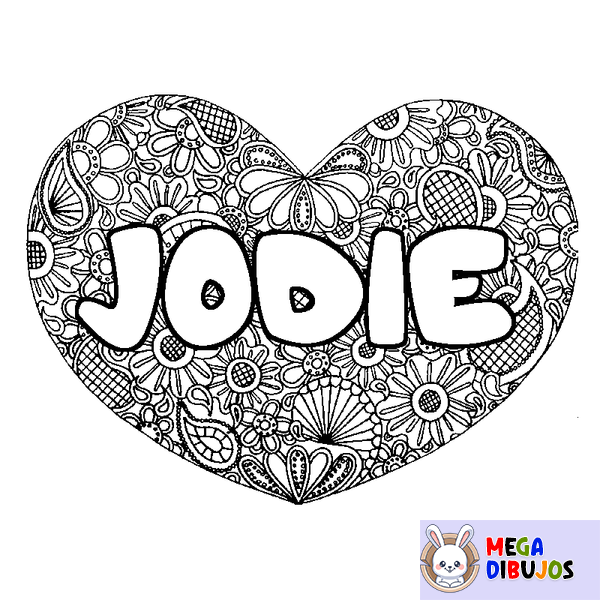 Coloraci&oacute;n del nombre JODIE - decorado mandala de coraz&oacute;n