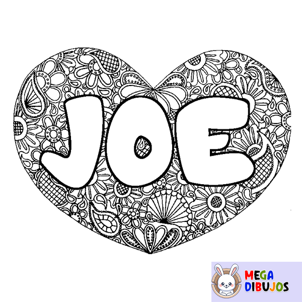 Coloraci&oacute;n del nombre JOE - decorado mandala de coraz&oacute;n