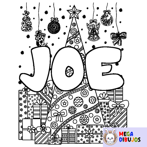 Coloraci&oacute;n del nombre JOE - decorado &aacute;rbol de Navidad y regalos
