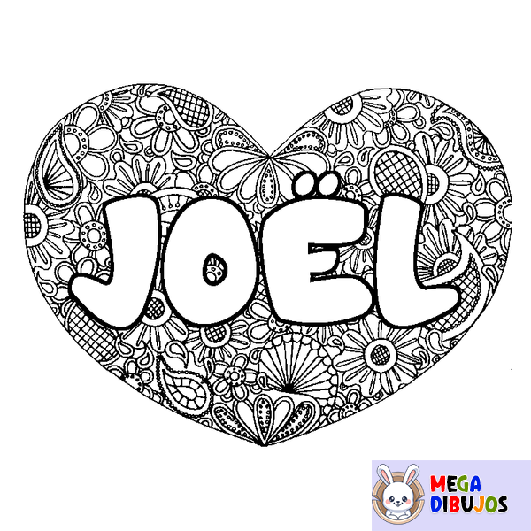 Coloraci&oacute;n del nombre JO&Euml;L - decorado mandala de coraz&oacute;n