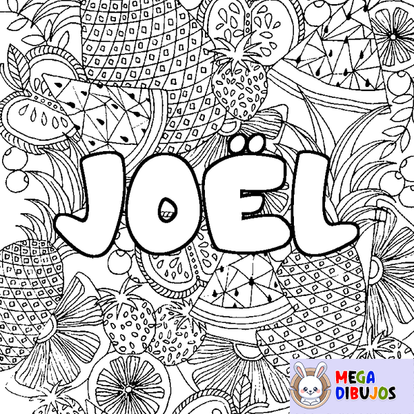 Coloraci&oacute;n del nombre JO&Euml;L - decorado mandala de frutas